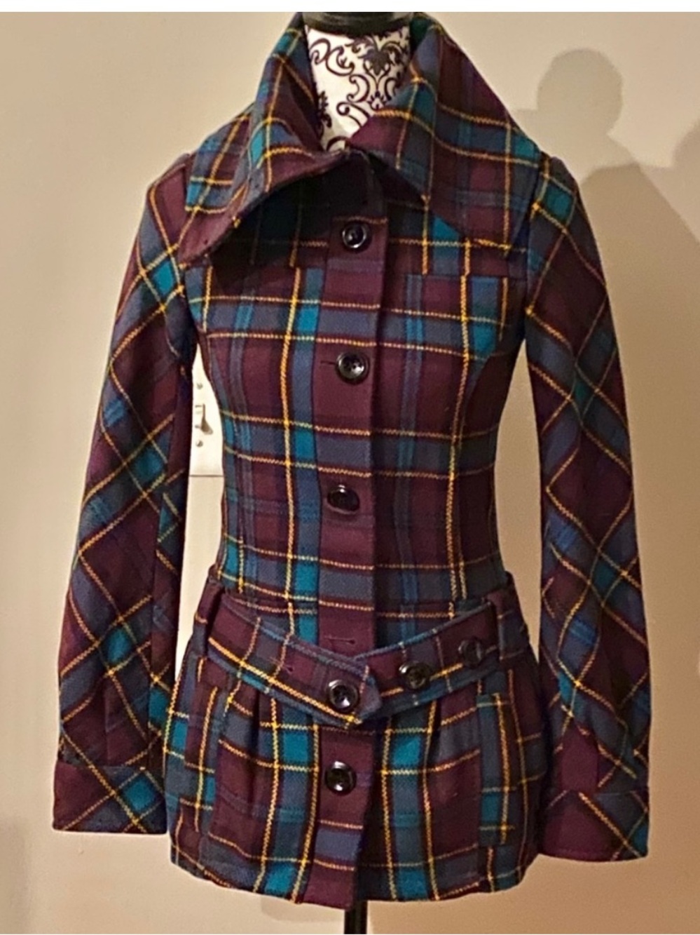 H&M Purple Plaid Belted Peacoat with Teal & Yellow Accents